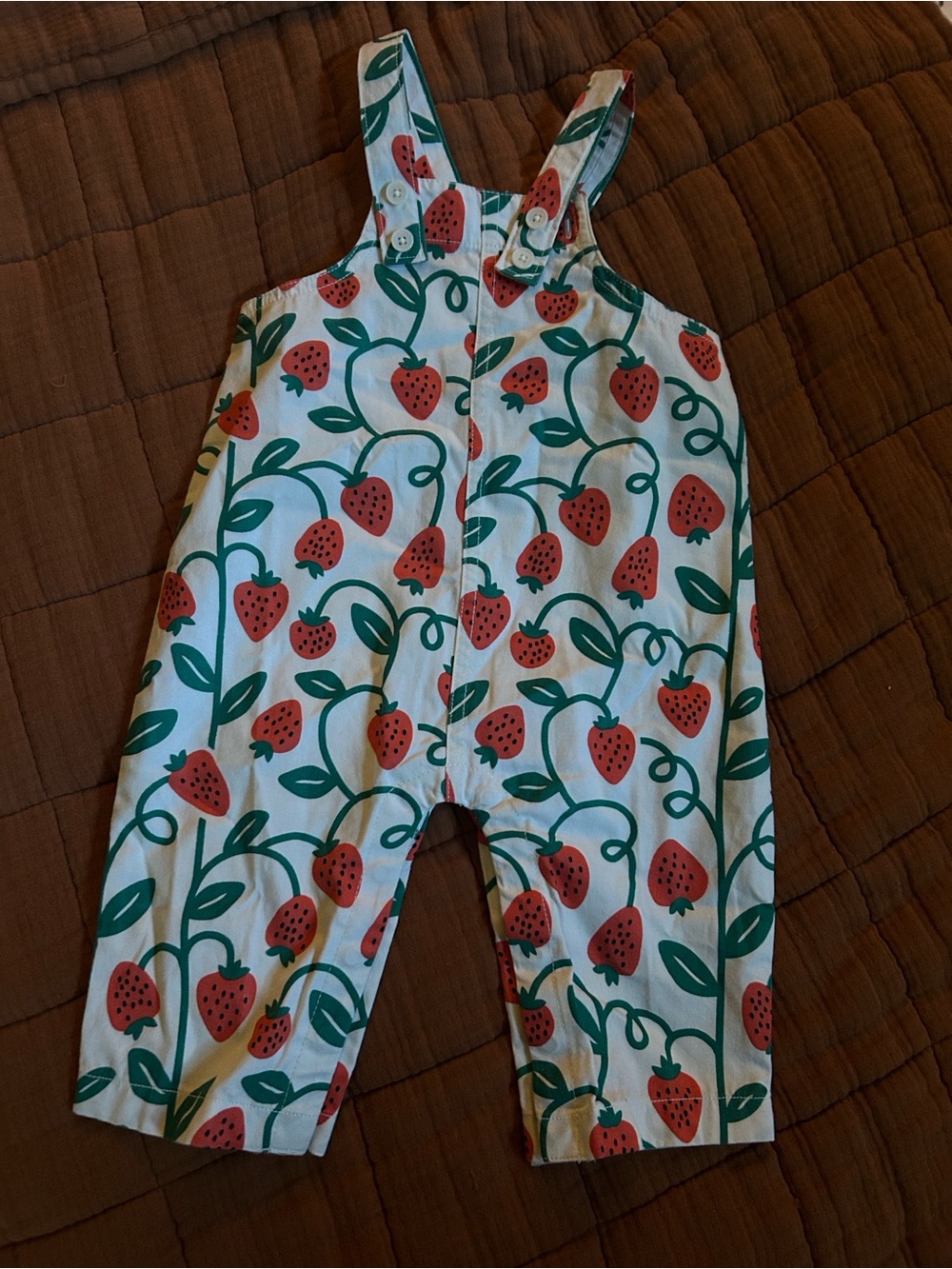 Hannah Anderson twill Kids Strawberry Print Overalls - White with Red & Green